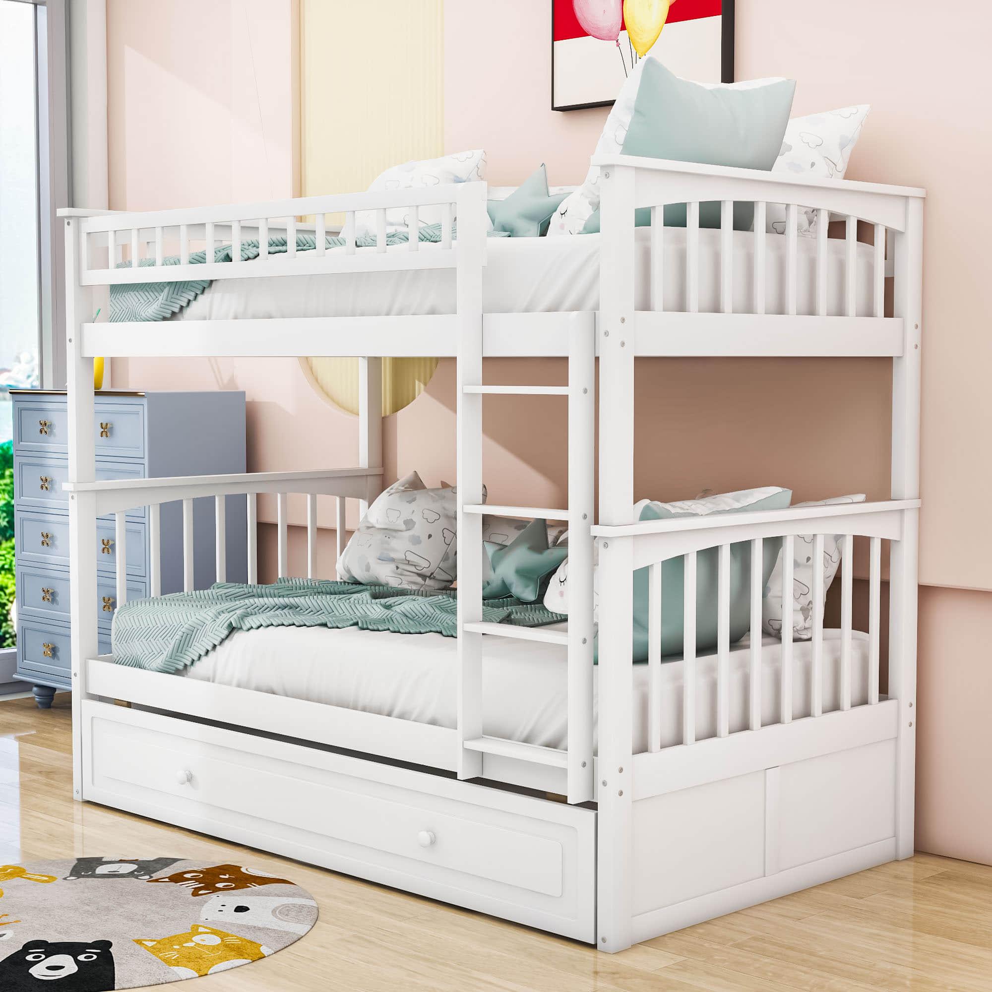 Twin Over Twin Convertible Bunk Bed with Twin Trundle - [Wooden]