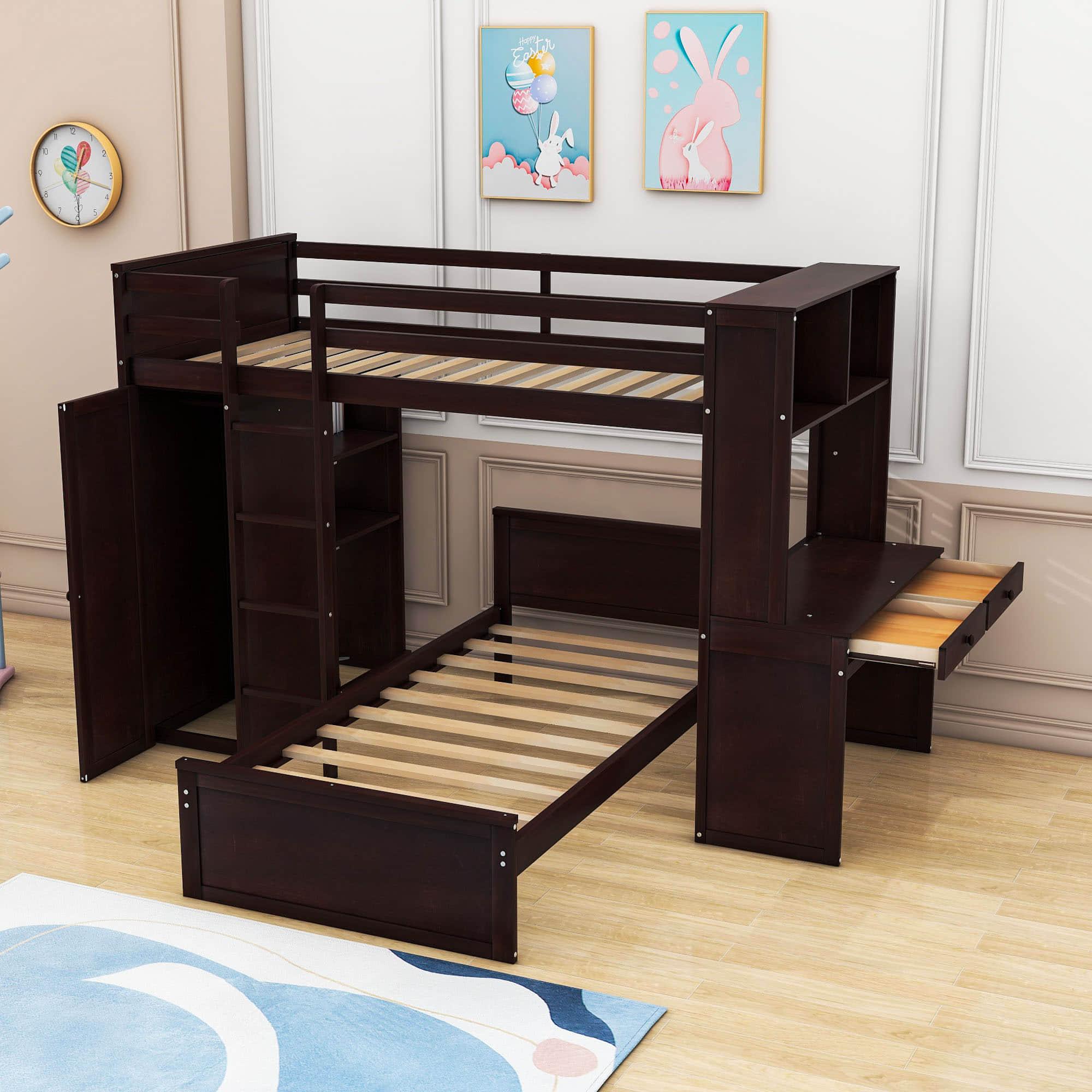 L-Shaped Twin Over Twin Bunk Beds with Desk and Storage - [Wooden, Drawers, Wardrobe]