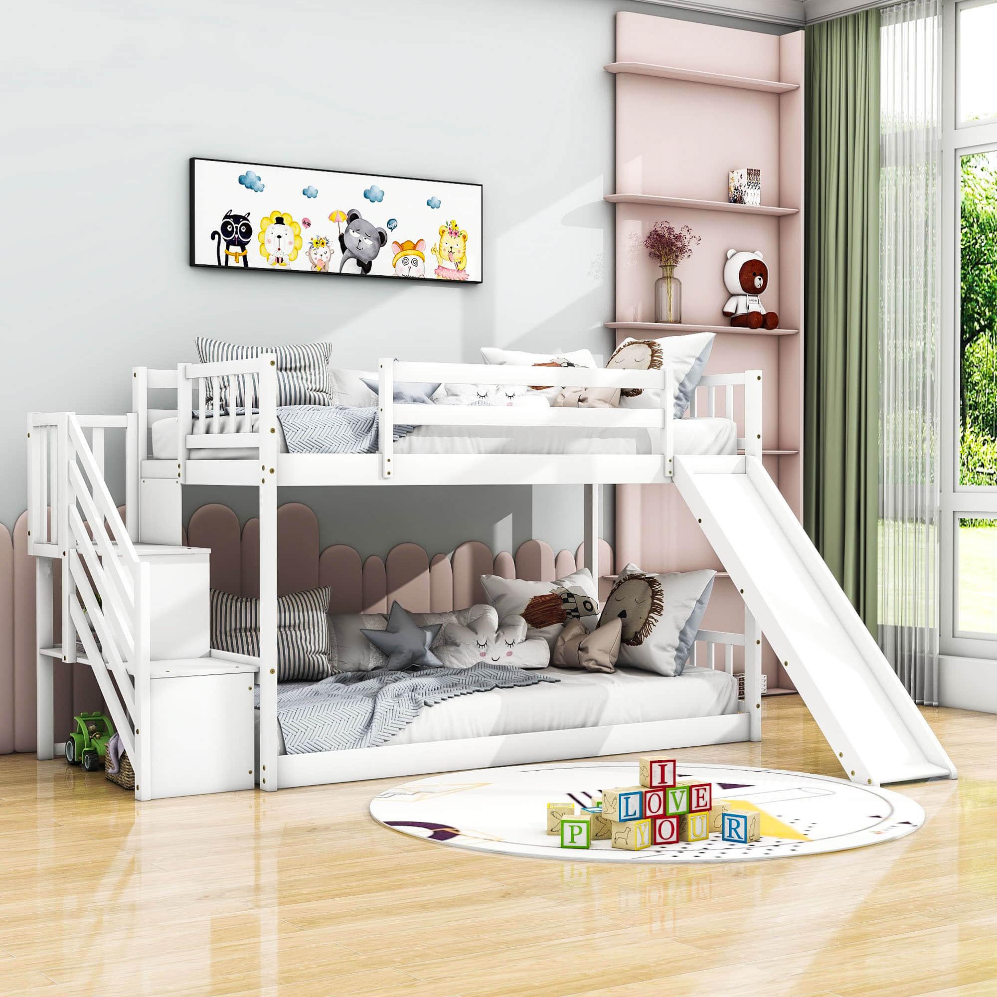 Low Twin Over Twin Toddler Bunk Beds with Stairs and Slide - [Floor]