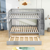 Wooden Full Size Bunk Bed with Stairs and Trundle, Storage Shelves