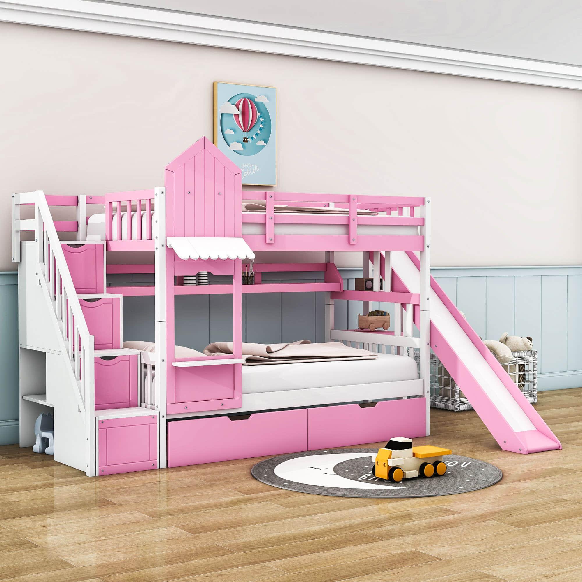 Girls Twin Over Twin Castle Bunk Bed with Slide and Stairs, Storage