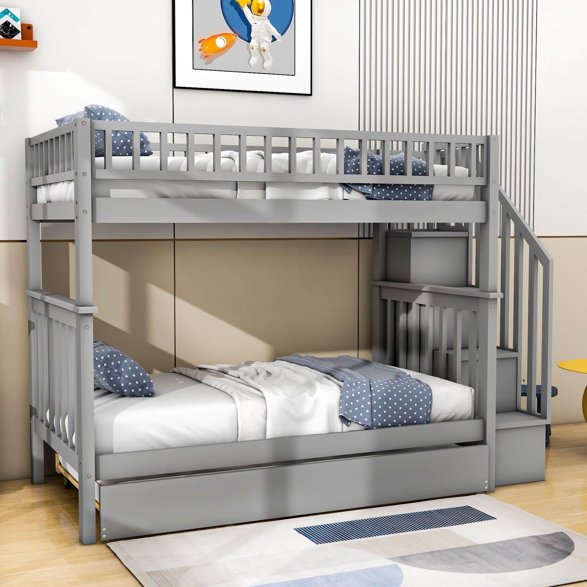 Convertible Twin Over Twin Bunk Bed with Stairs and Storage, Trundle