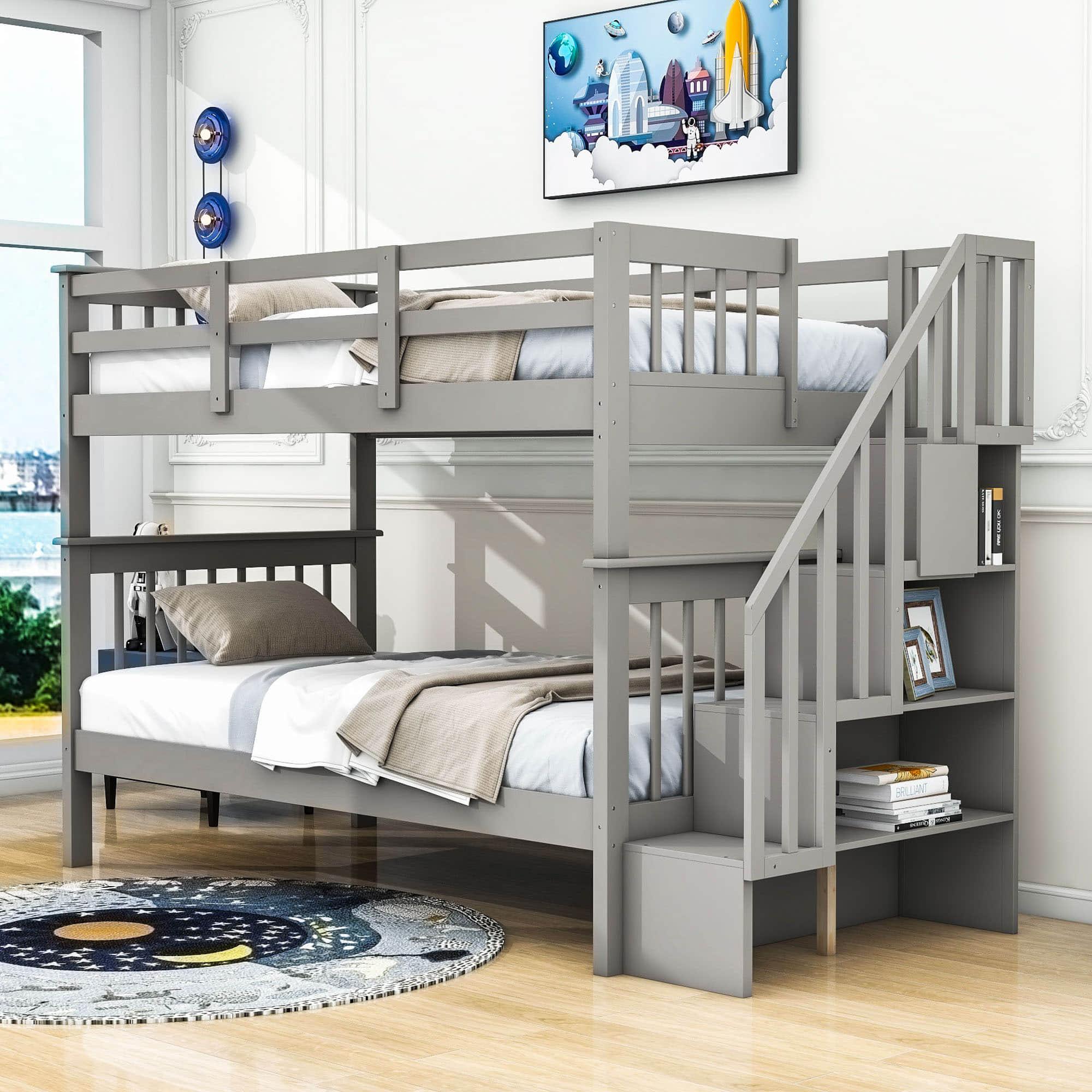 Twin Over Twin Bunk Beds with Stairs and Storage for Kids - [Wood, Convertible]