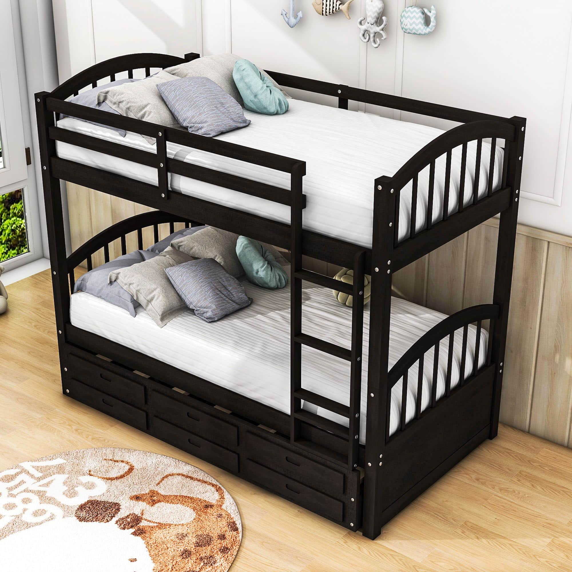 Twin Over Twin Convertible Bunk Beds with Trundle and Storage - [Wooden]