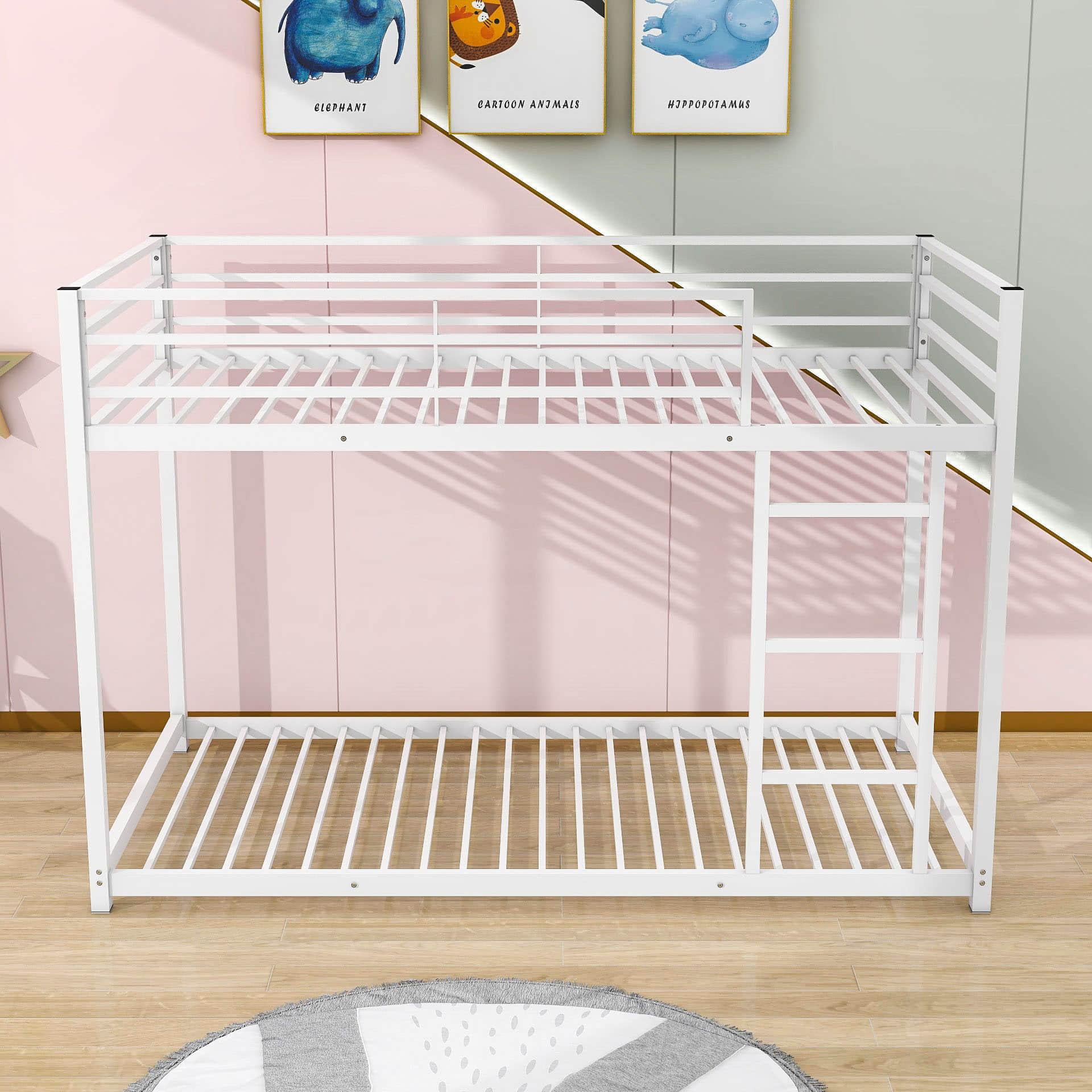 Montessori Twin Over Twin Scandinavian Floor Metal Bunk Bed with Ladder for Kids