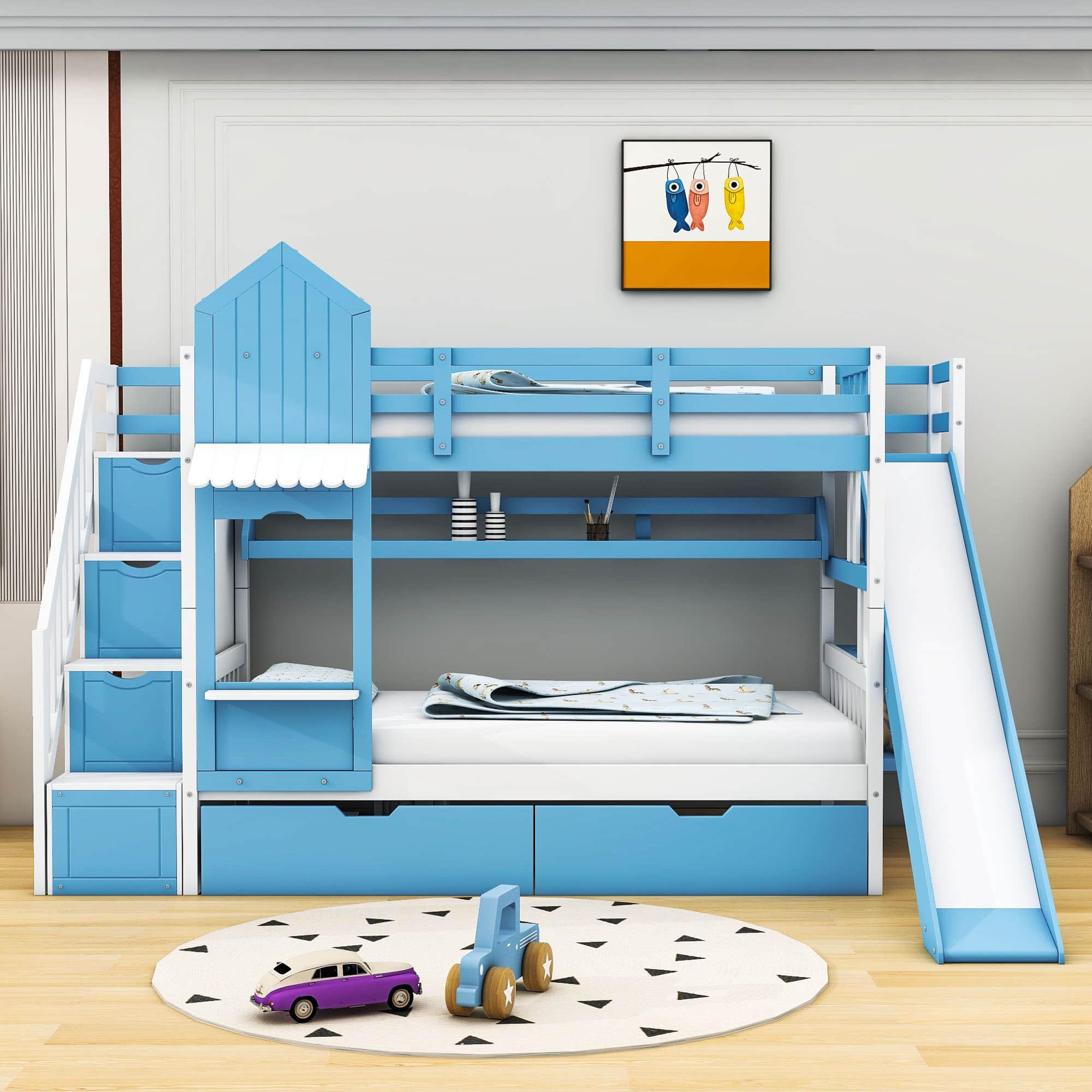 Girls Twin Over Twin Castle Bunk Bed with Slide and Stairs, Storage