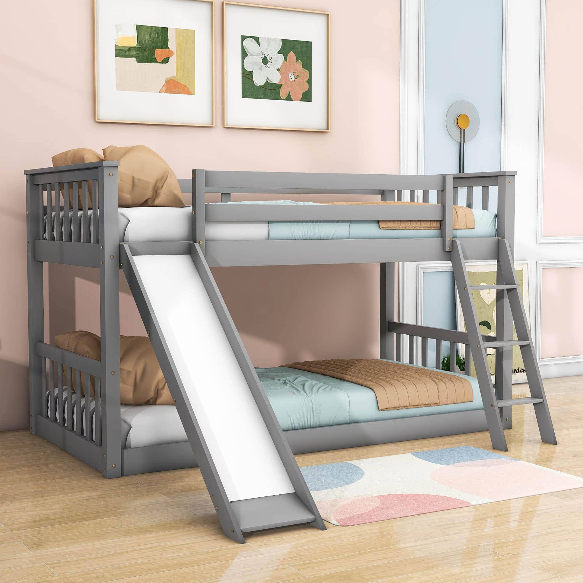 Low Twin Over Twin Bunk Beds with Slide for Kids Toddler - [Wooden, Floor, Interchangeable]