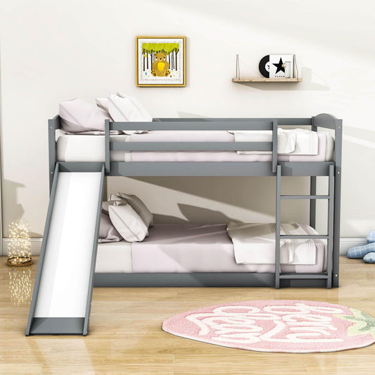 Low Twin Over Twin Bunk Bed with Slide for Kids, Toddler - Wooden, Floor, Interchangeable