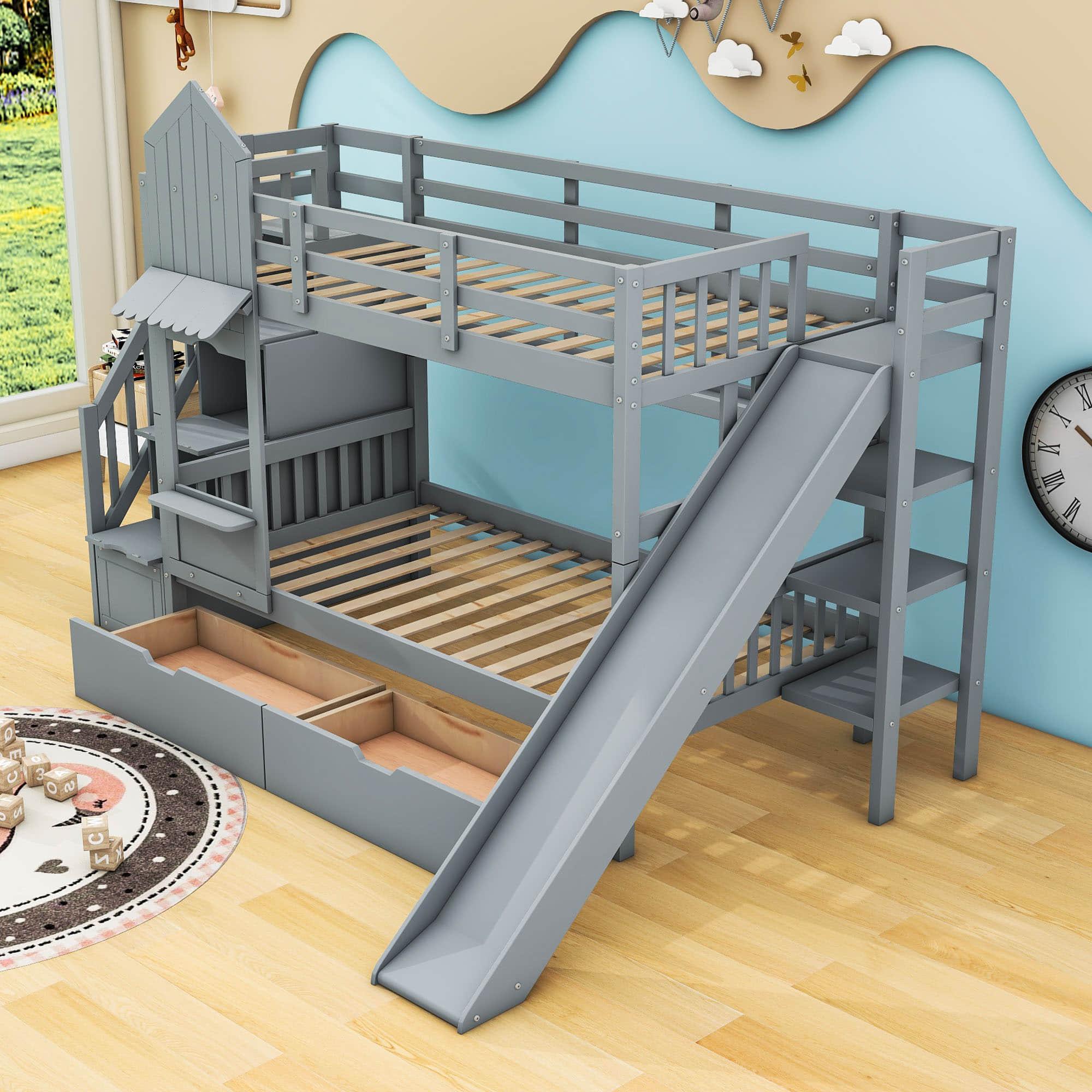 Girls Twin Over Twin Castle Bunk Bed with Slide and Stairs, Storage