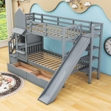 Girls Twin Over Twin Castle Bunk Bed with Slide and Stairs, Storage