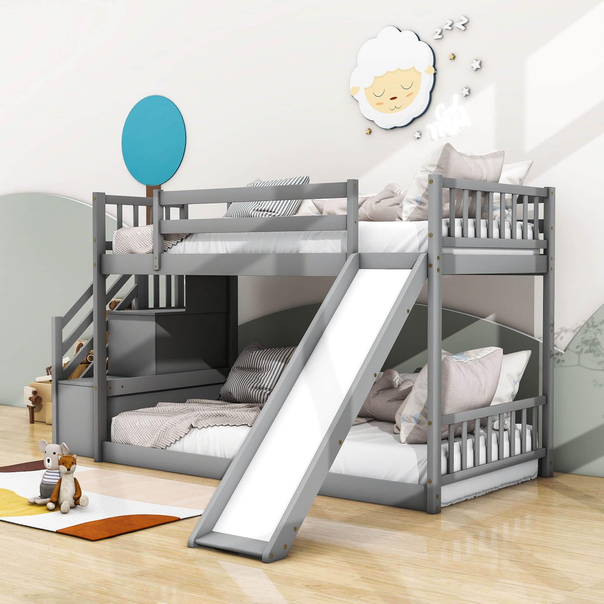 Low Twin Over Twin Toddler Bunk Beds with Stairs and Slide - [Floor]