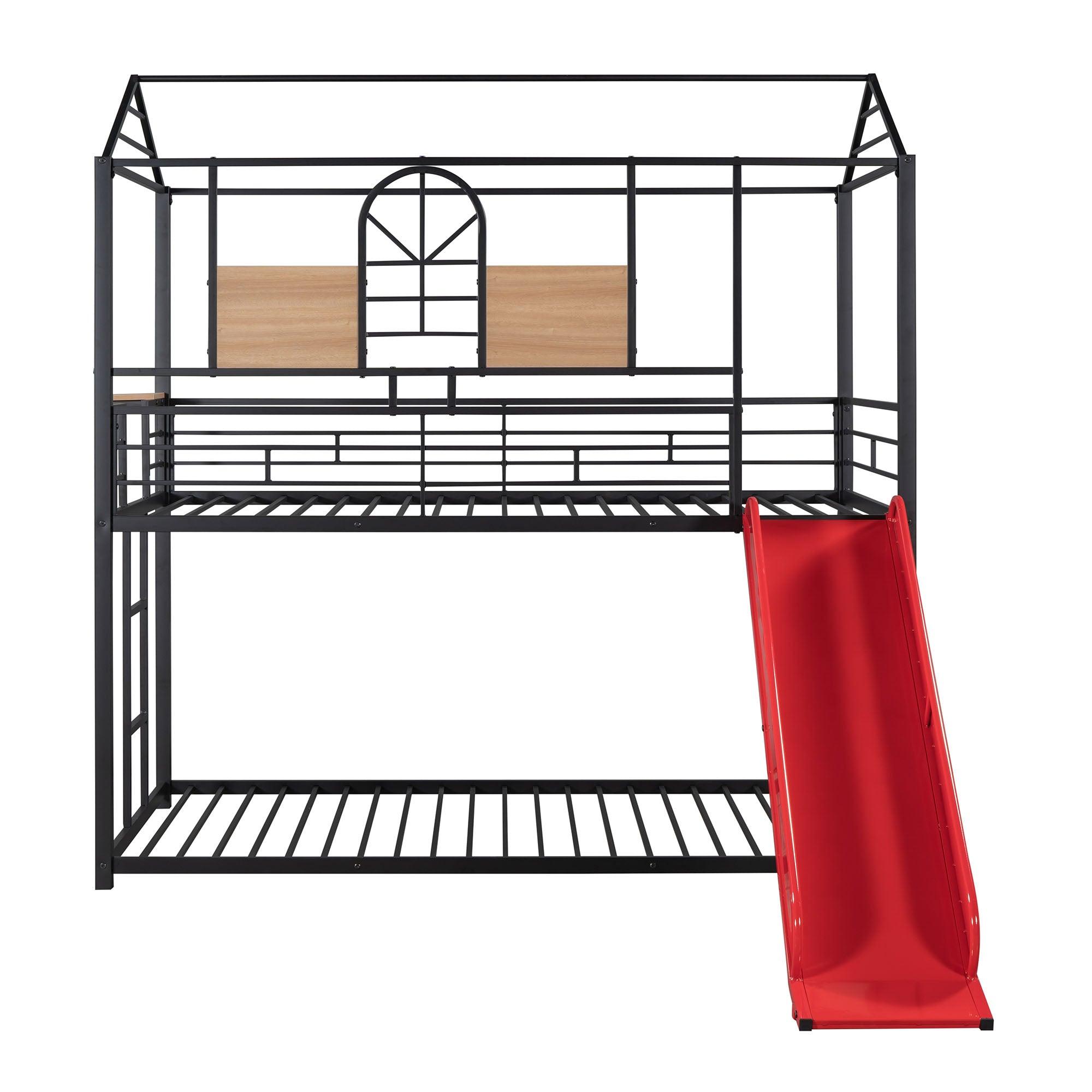 Low House Twin Over Twin Bunk Beds with Slide for Kids Toddler - [Metal]