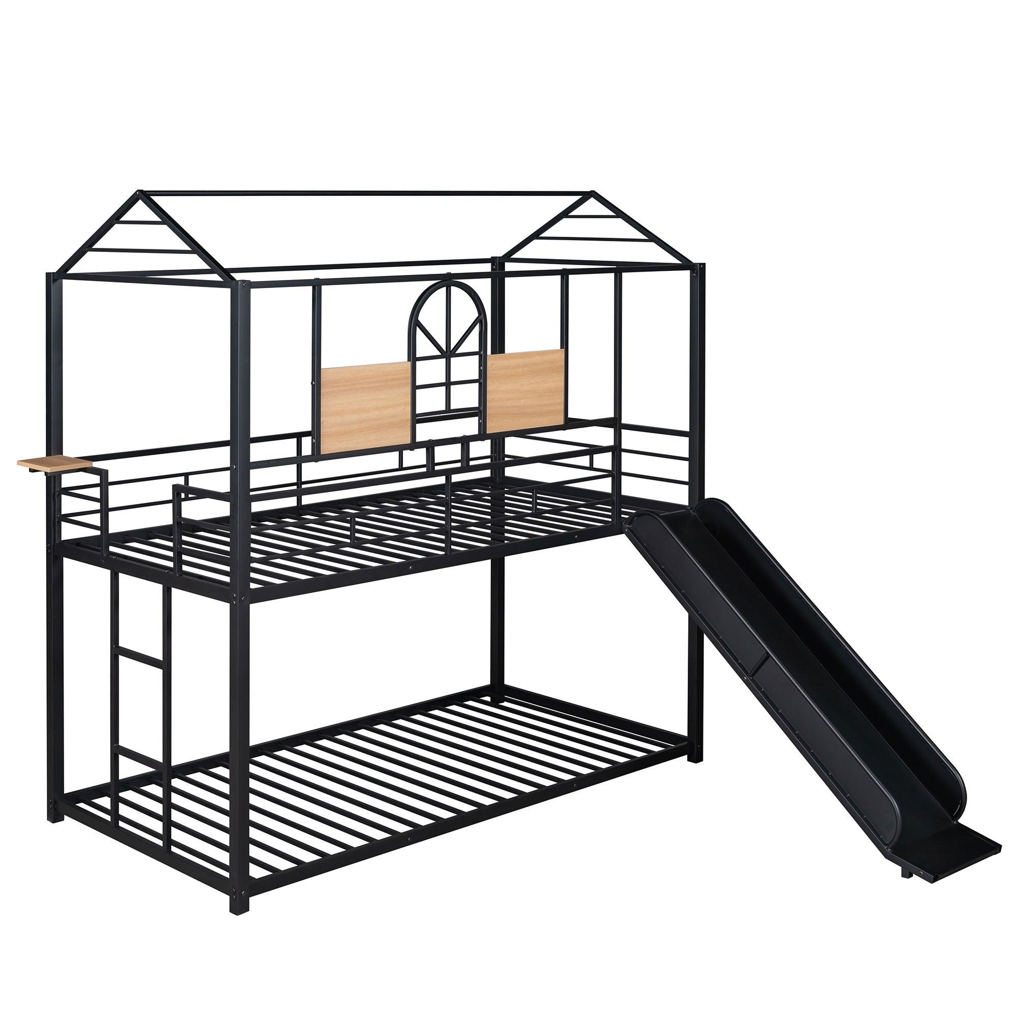 Low House Twin Over Twin Bunk Beds with Slide for Kids Toddler - [Metal]