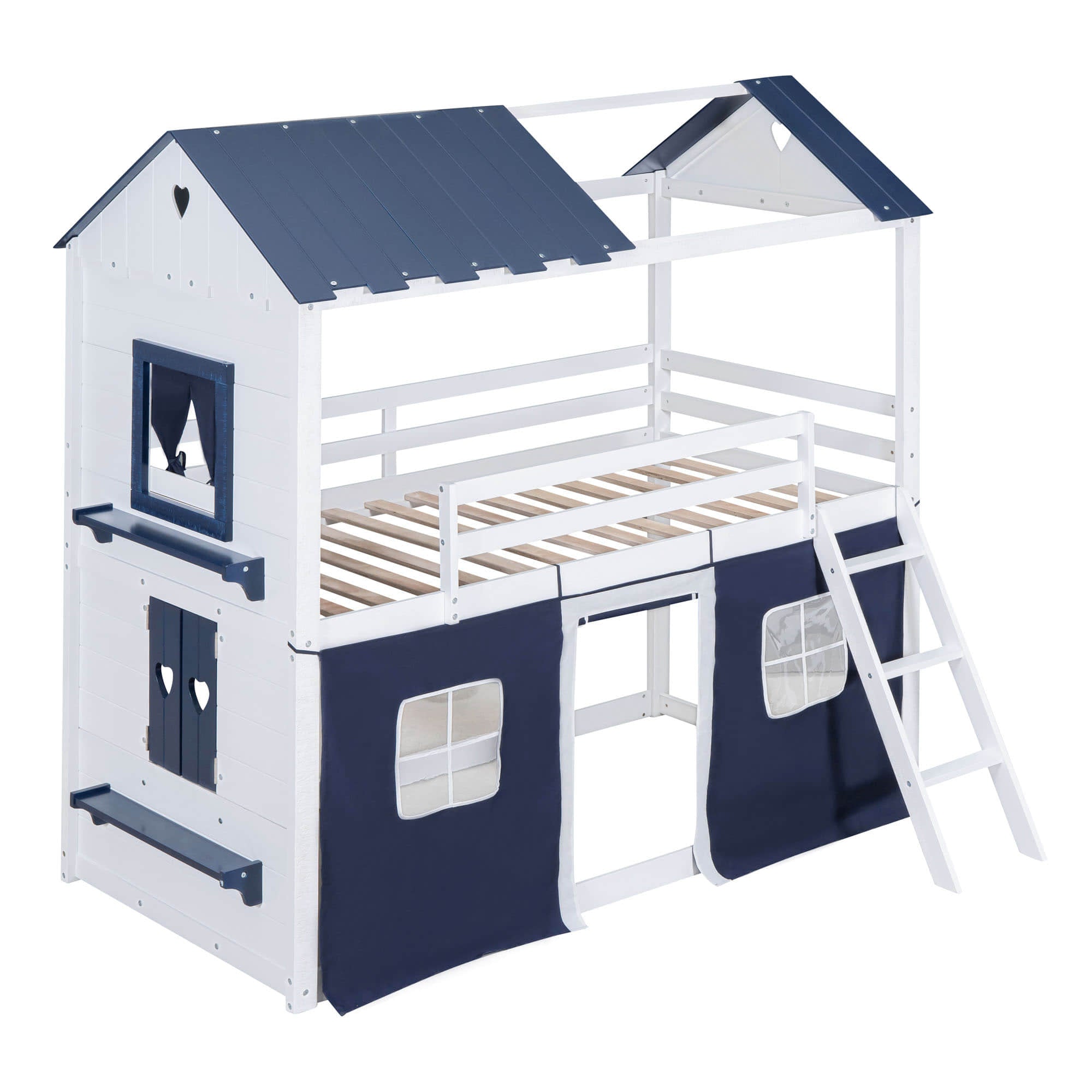 Low Twin Over Twin House Loft Bunk Beds for Kids with Curtains - [Floor]