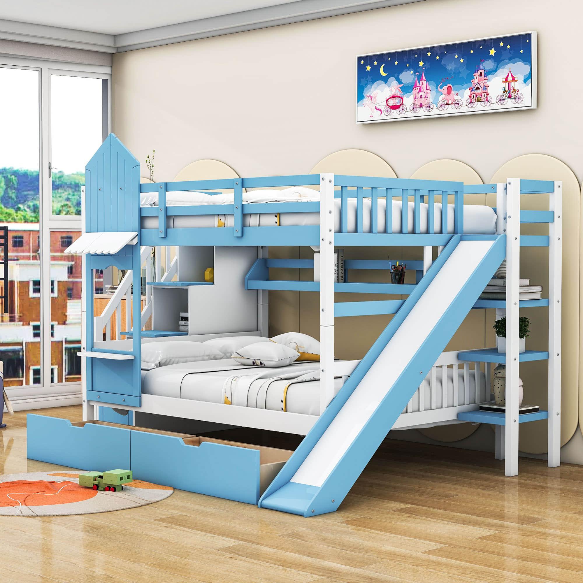 Full Over Full Castle Bunk Beds with Stairs and Slide for Girls, Boys