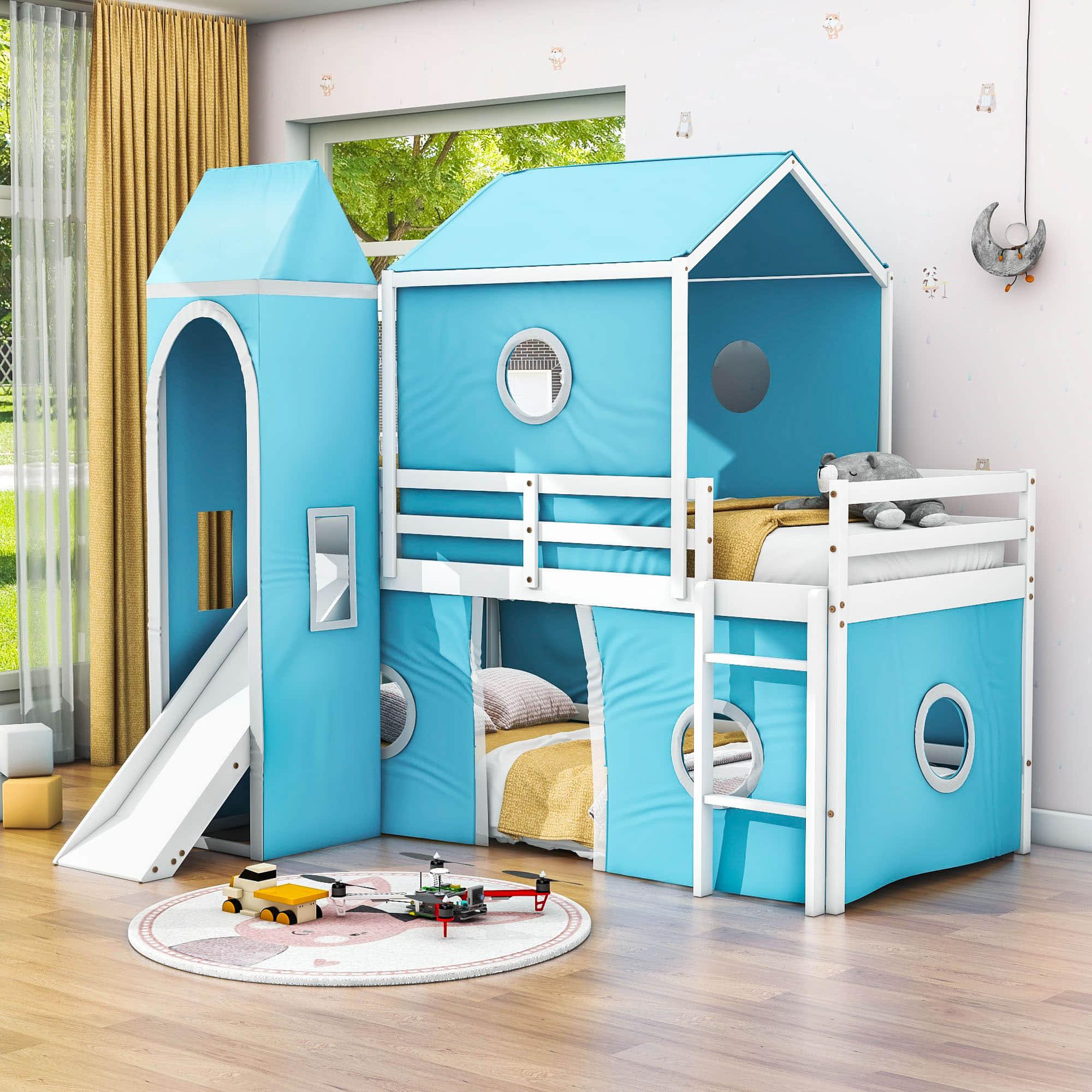 Low Twin Over Twin Bunk Beds with Slide for Kids Toddler - [Wooden, Tent, Tower]