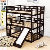 Low Triple Full Size Bunk Beds with Slide for Kids Toddler - [Wooden, Floor]