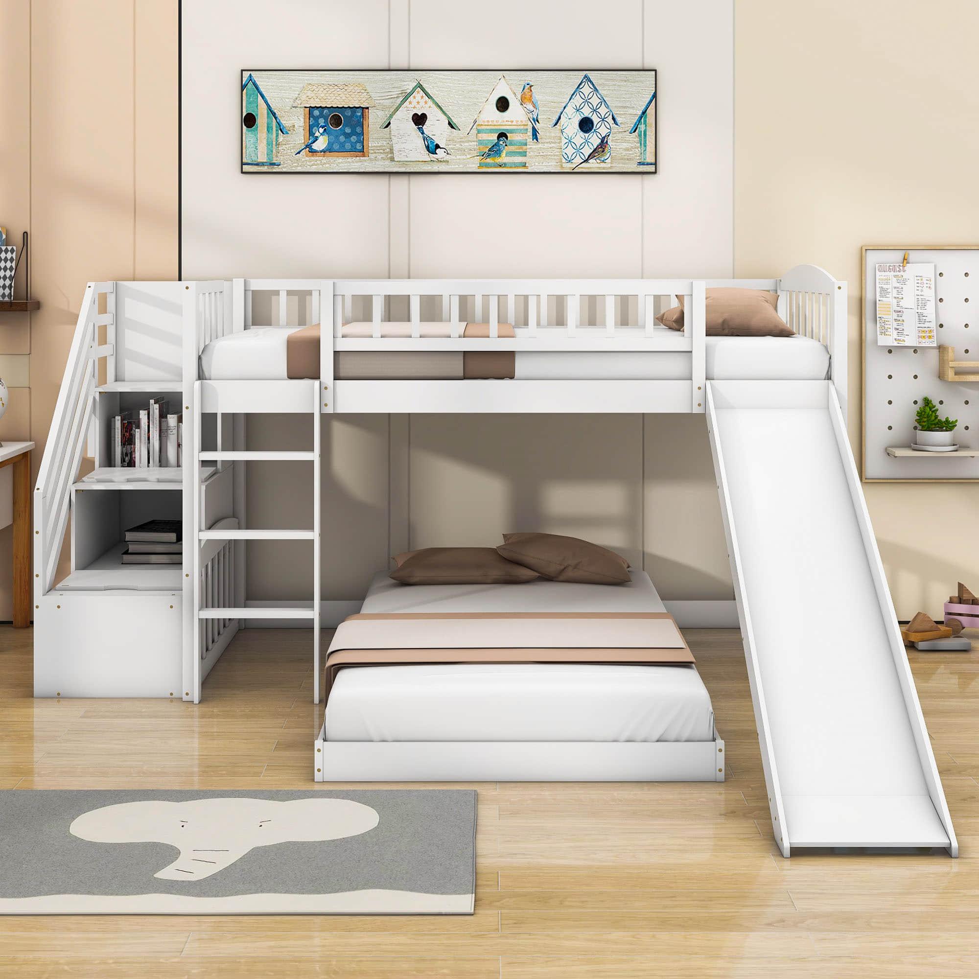 Twin Over Twin L-Shaped Floor Bunk Beds with Stairs and Slide for Kids