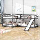 Corner Full and Twin Quad Bunk Beds with Slide - [Wooden, Convertible, L-Shaped]