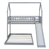 Modern Low Twin Over Full House Bunk Beds with Slide for Kids - [Wooden, Floor, L-Shaped]