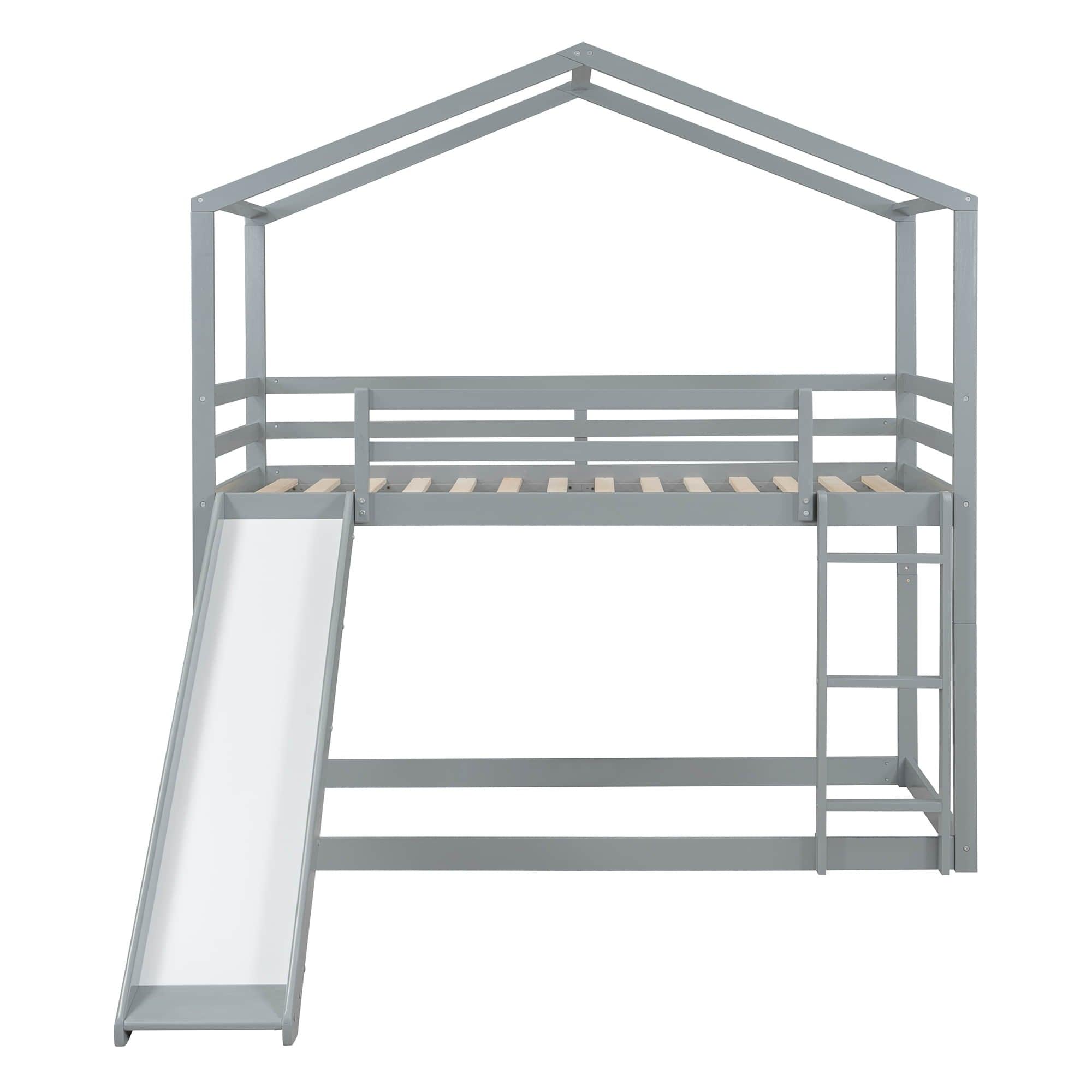 Low Fun Twin Over Twin House Bunk Beds for Kids with Slide - [Floor]