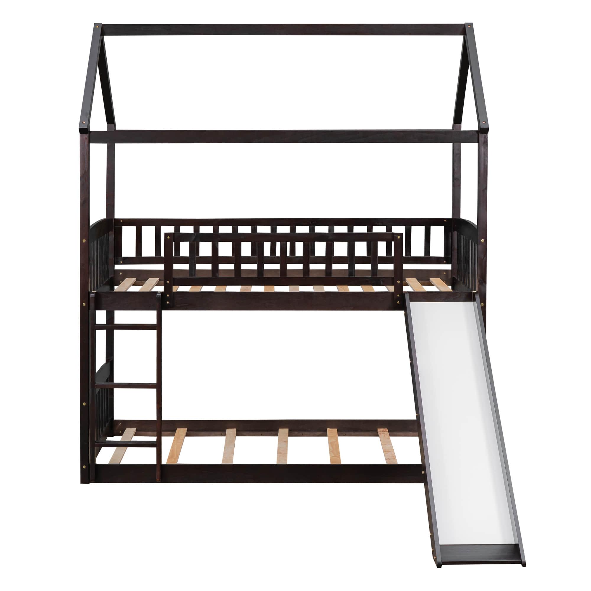 Twin Over Twin Low House Bunk Bed with Slide and Ladder - [Floor, Interchangeable]