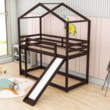 Low Fun Twin Over Twin House Bunk Beds for Kids with Slide - [Floor]