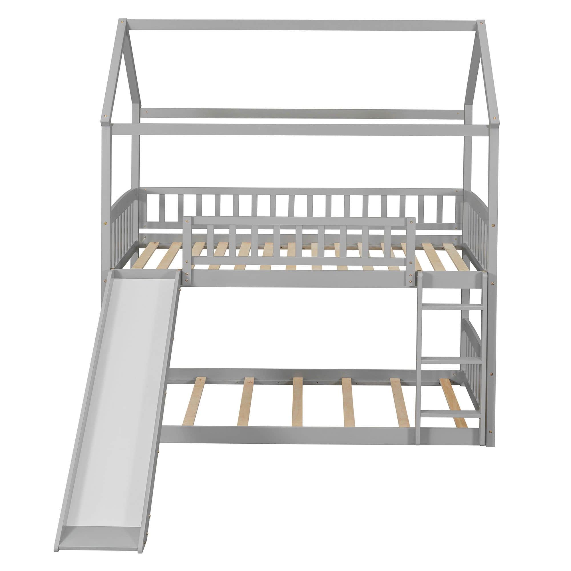 Twin Over Twin Low House Bunk Bed with Slide and Ladder - [Floor, Interchangeable]