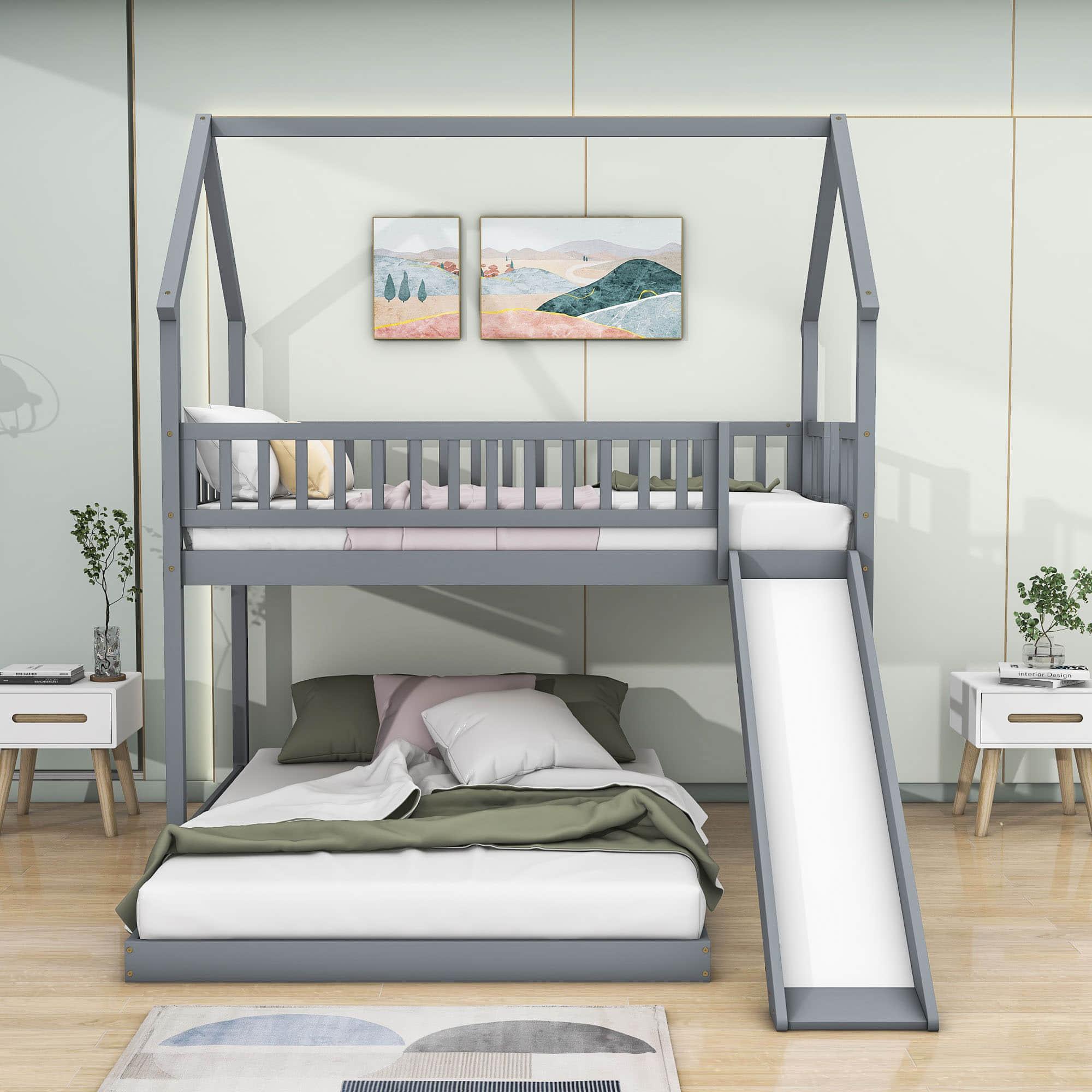 Modern Low Twin Over Full House Bunk Beds with Slide for Kids - [Wooden, Floor, L-Shaped]