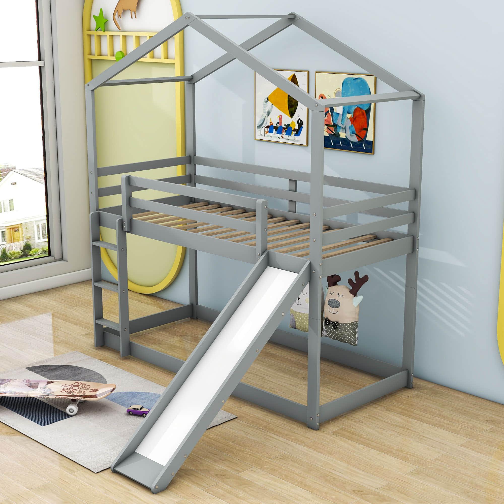 Low Fun Twin Over Twin House Bunk Beds for Kids with Slide - [Floor]