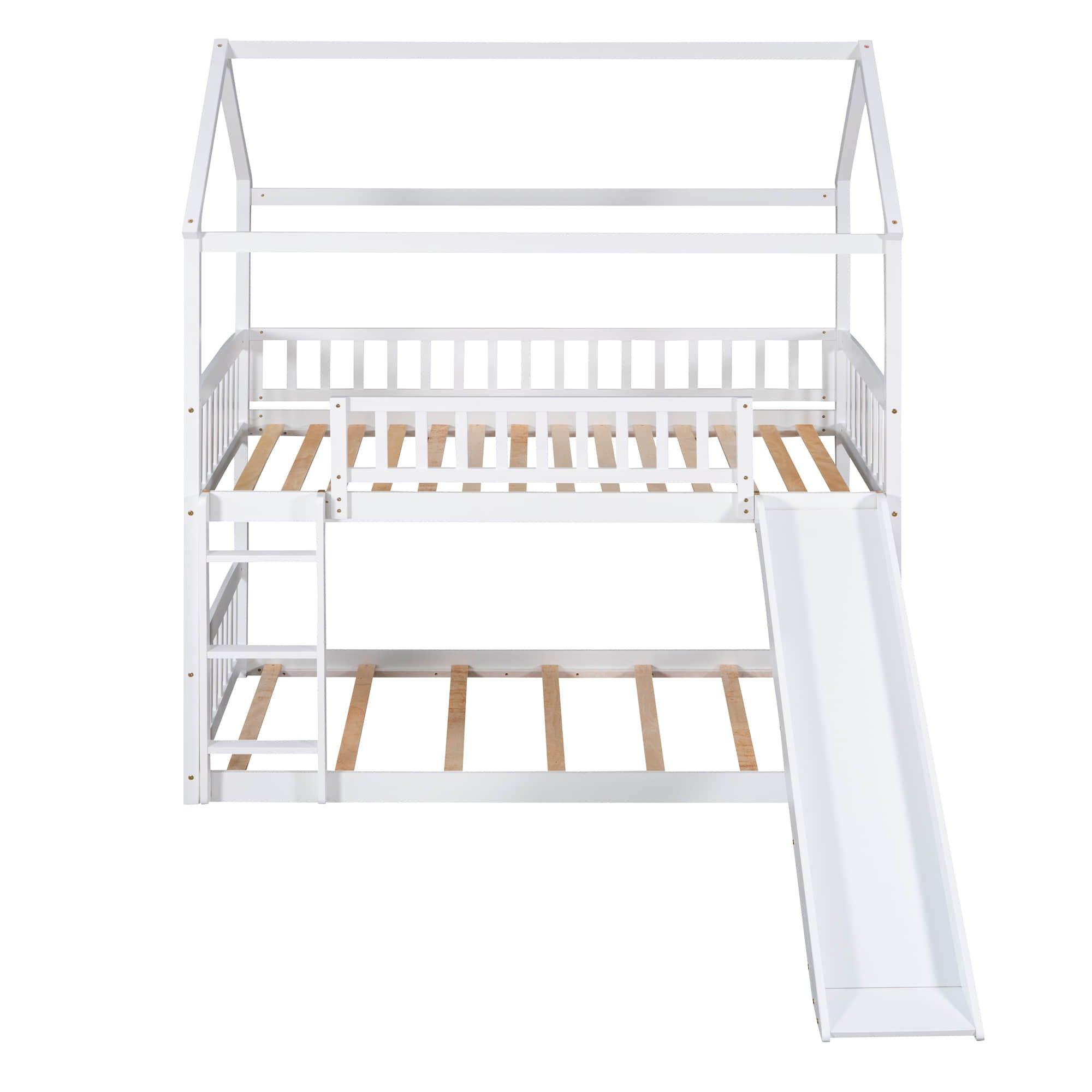 Twin Over Twin Low House Bunk Bed with Slide and Ladder - [Floor, Interchangeable]