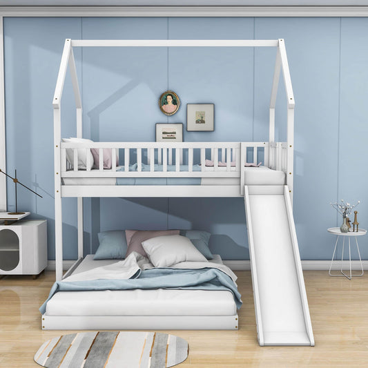 Modern Low Twin Over Full House Bunk Beds with Slide for Kids - [Wooden, Floor, L-Shaped]