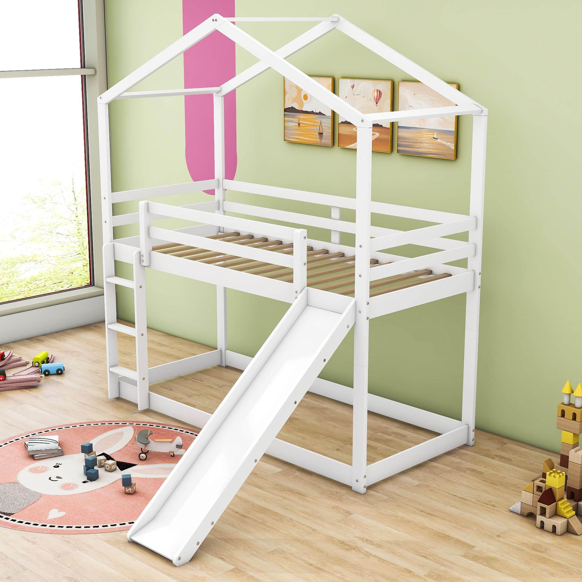 Low Fun Twin Over Twin House Bunk Beds for Kids with Slide - [Floor]