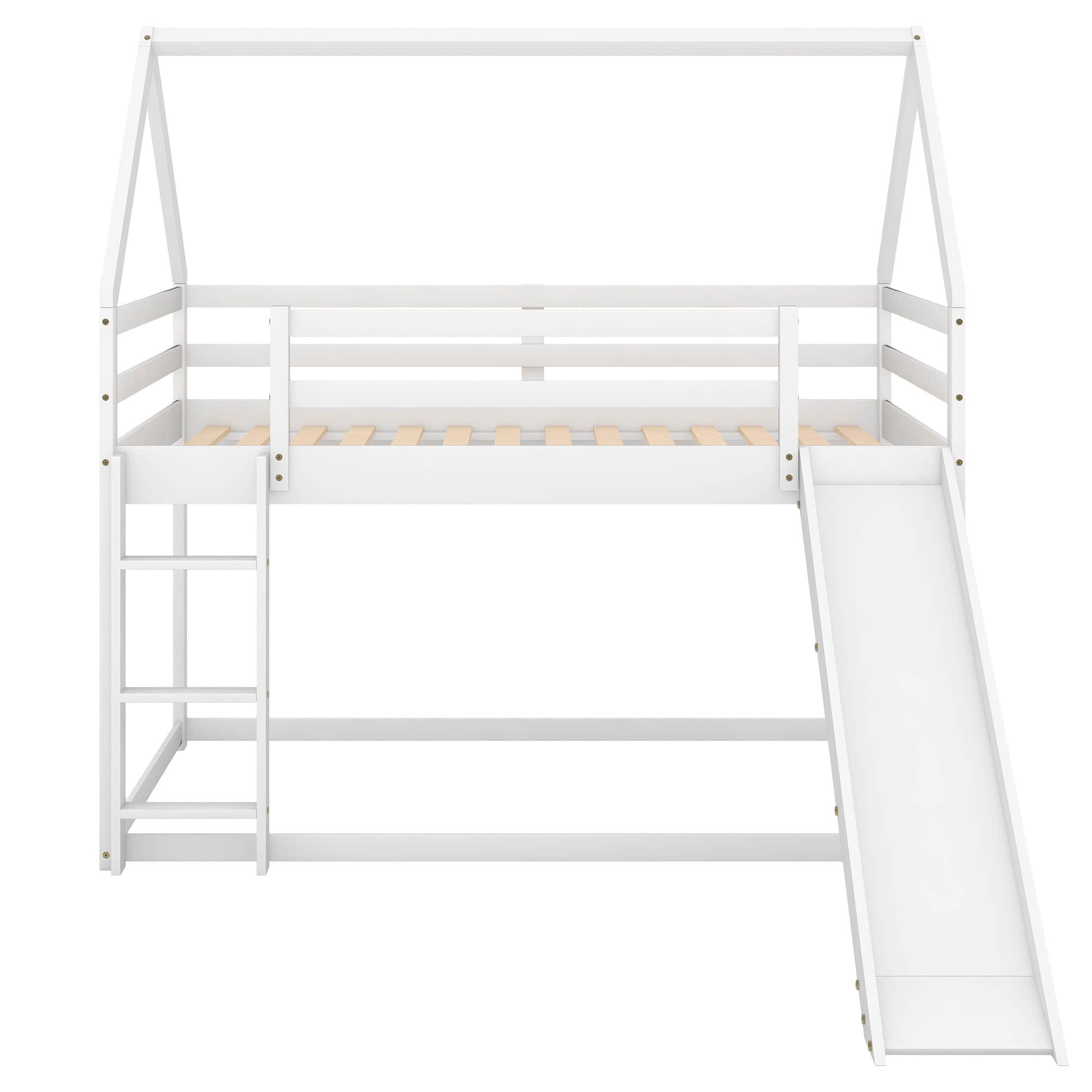 Twin Over Twin House Low Bunk Bed with Slide and Ladder - [Floor, Wood]