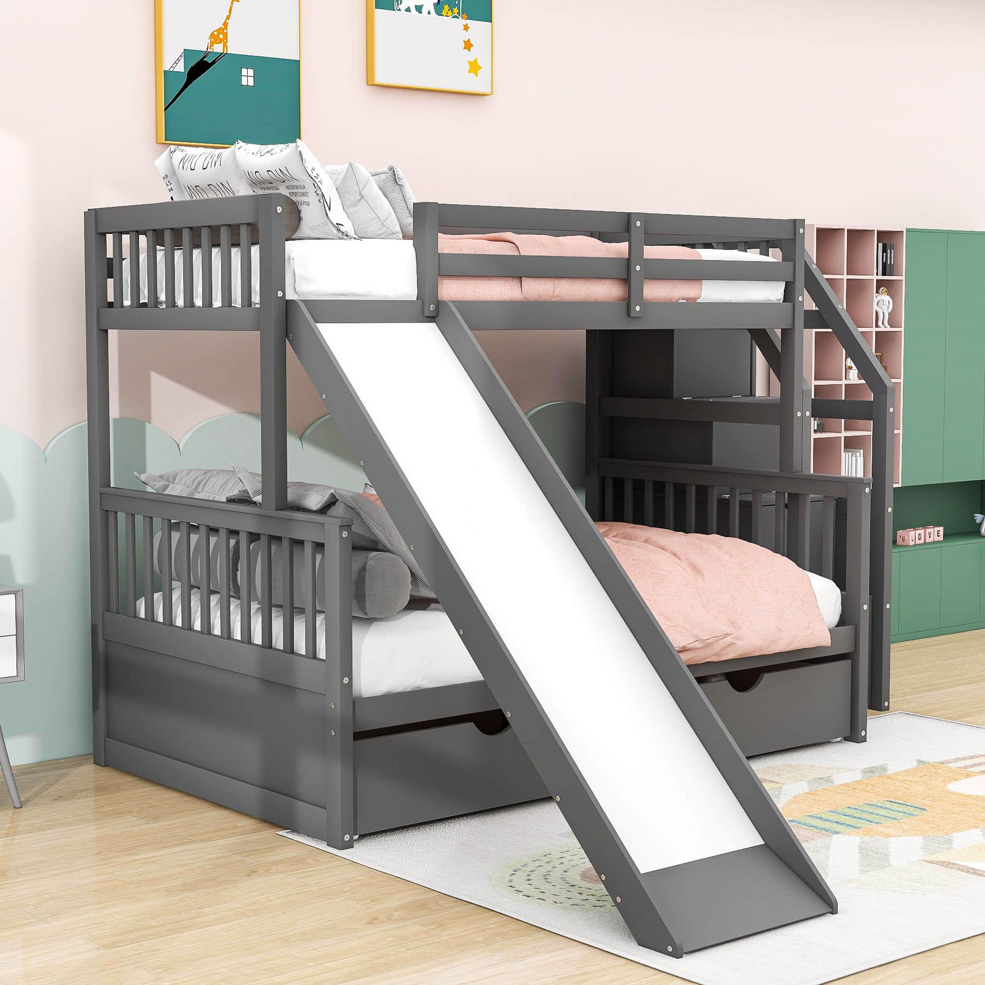 Twin Over Full Bunk Beds with Slide and Stairs, Storage for Kids - [Drawers, Cabinet]