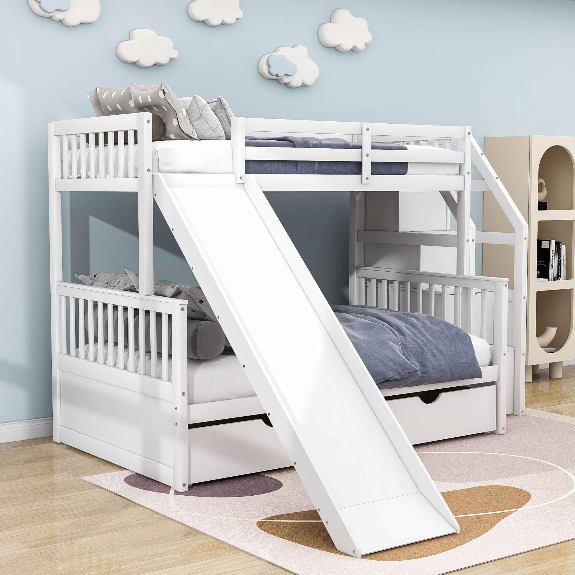 Twin Over Full Bunk Beds with Slide and Stairs, Storage for Kids - [Drawers, Cabinet]