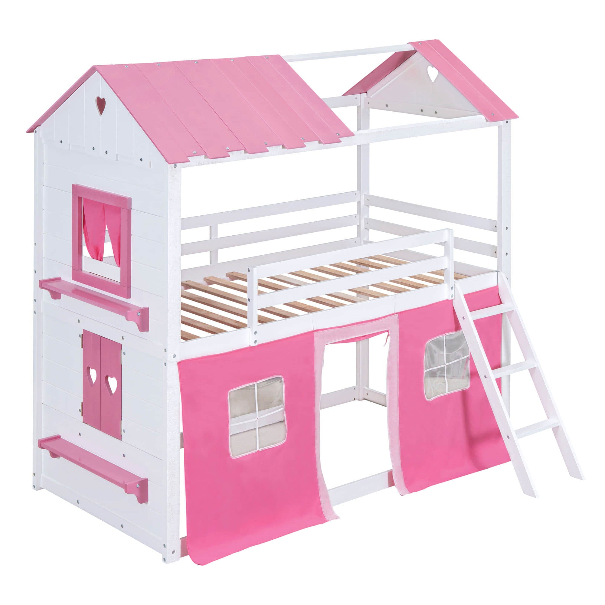 Low Twin Over Twin House Loft Bunk Beds for Kids with Curtains - [Floor]