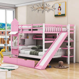 Full Over Full Castle Bunk Beds with Stairs and Slide for Girls, Boys