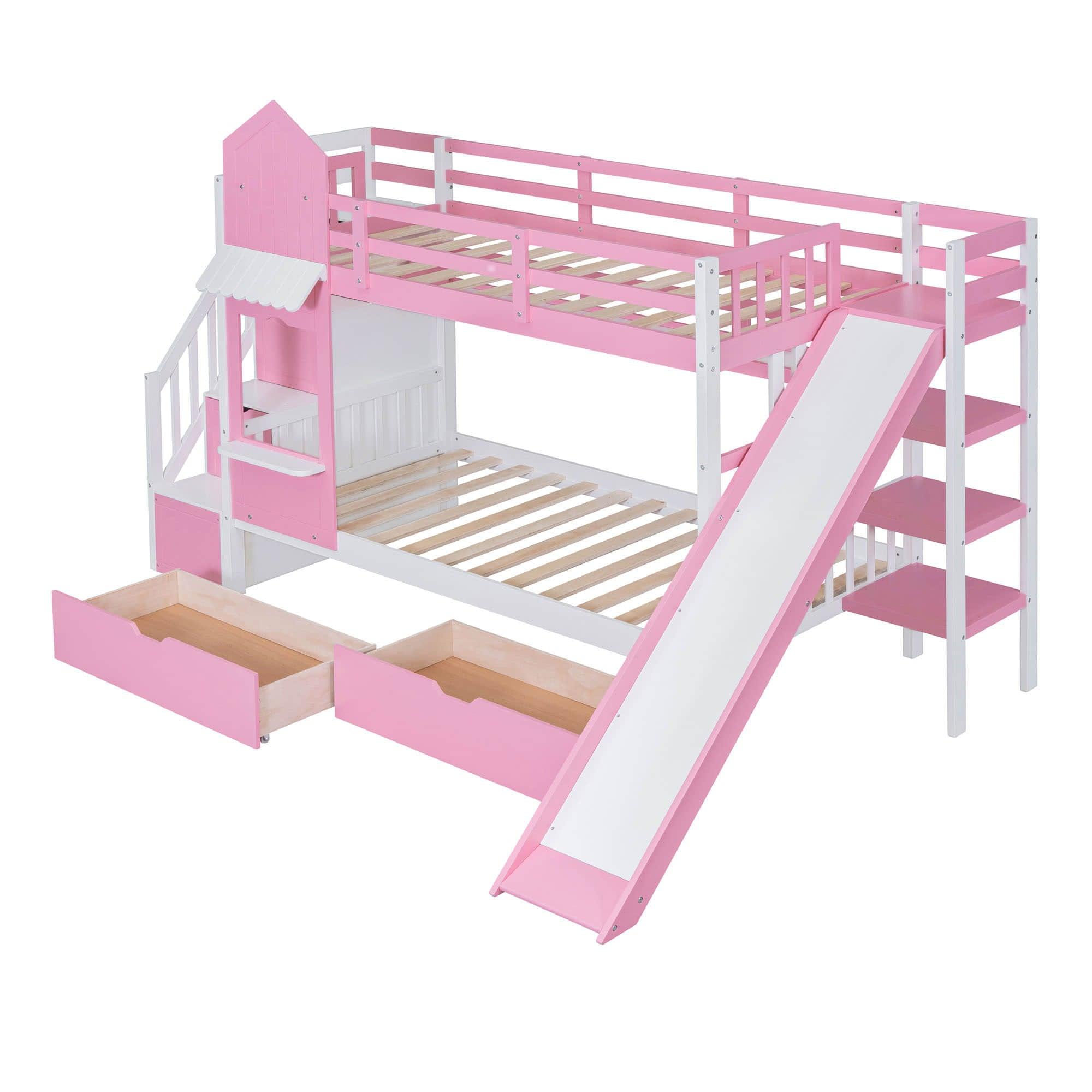 Girls Twin Over Twin Castle Bunk Bed with Slide and Stairs, Storage