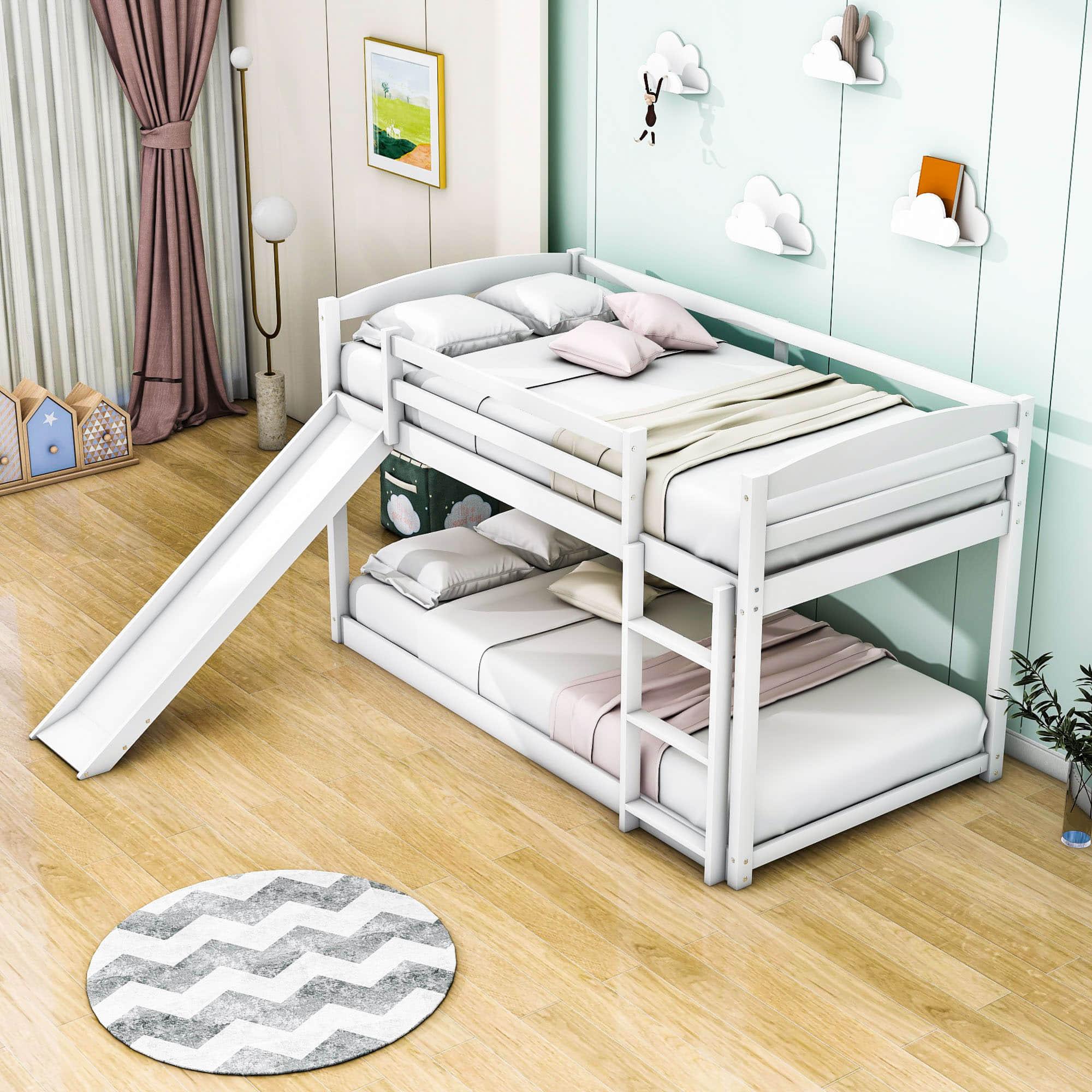 Low Twin Over Twin Bunk Bed with Slide for Kids, Toddler - Wooden, Floor, Interchangeable