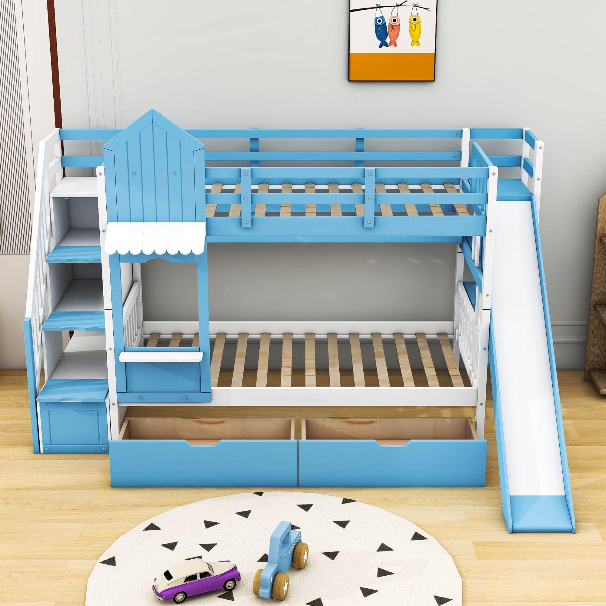 Girls Twin Over Twin Castle Bunk Bed with Slide and Stairs, Storage