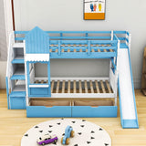 Girls Twin Over Twin Castle Bunk Bed with Slide and Stairs, Storage