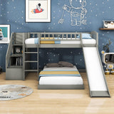 Twin Over Twin L-Shaped Floor Bunk Beds with Stairs and Slide for Kids