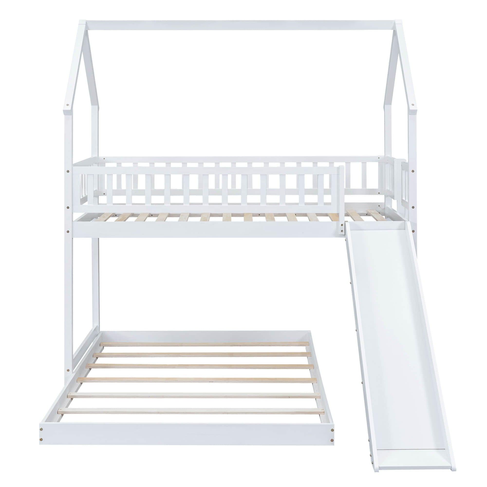 Modern Low Twin Over Full House Bunk Beds with Slide for Kids - [Wooden, Floor, L-Shaped]