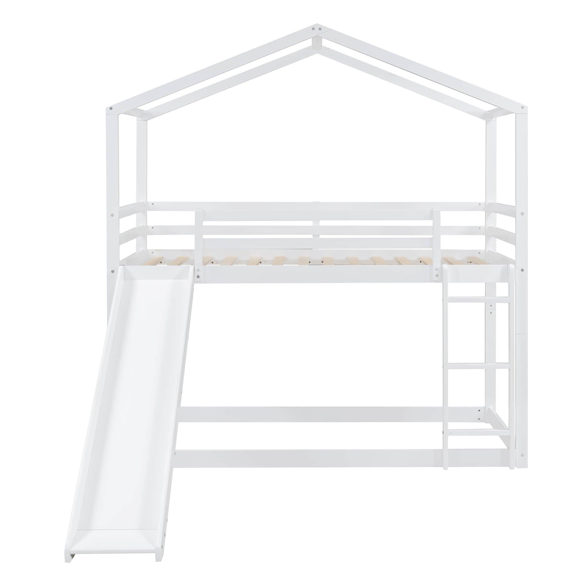 Low Fun Twin Over Twin House Bunk Beds for Kids with Slide - [Floor]