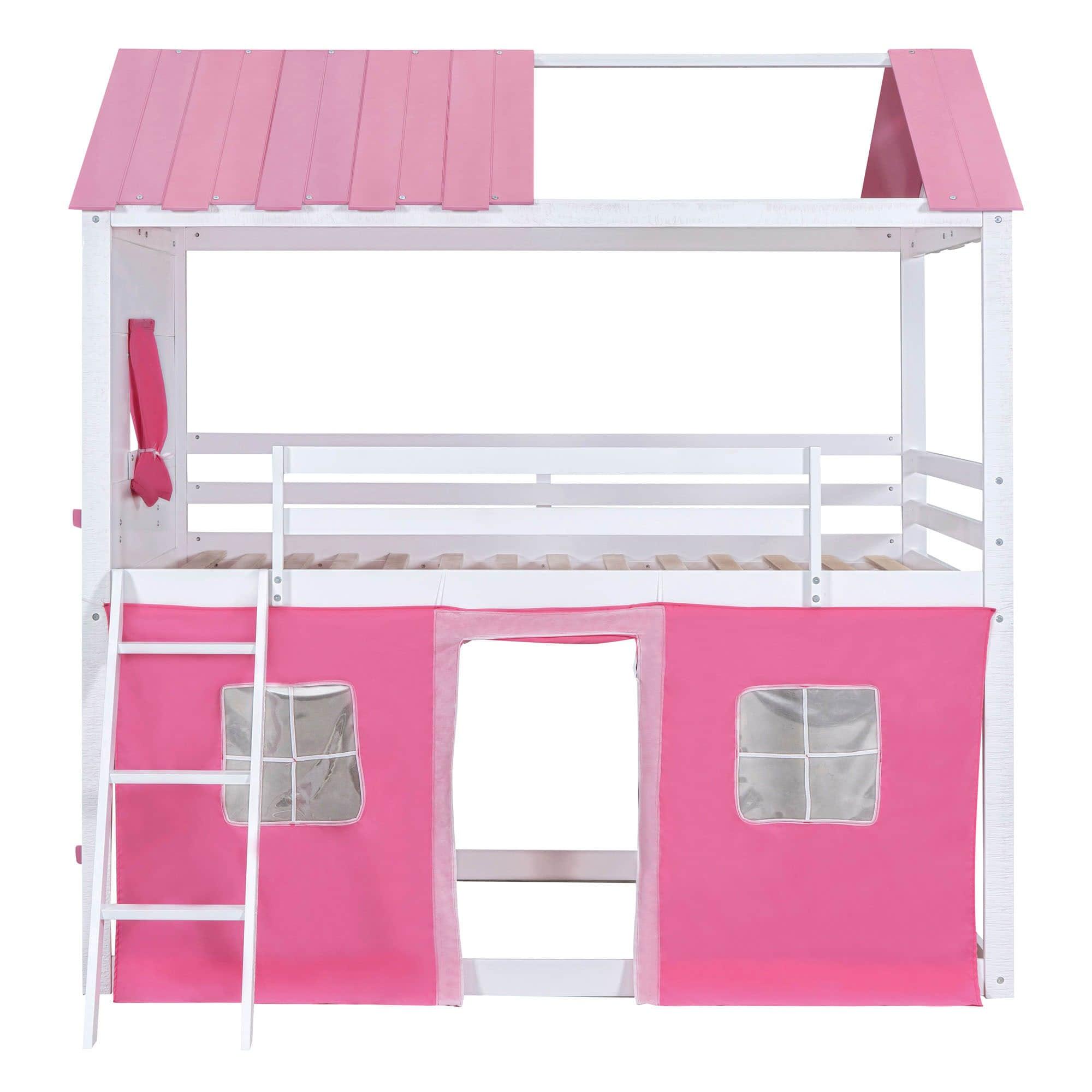 Fun Full Over Full House Loft Bunk Beds for Kids with Curtains - [Low]