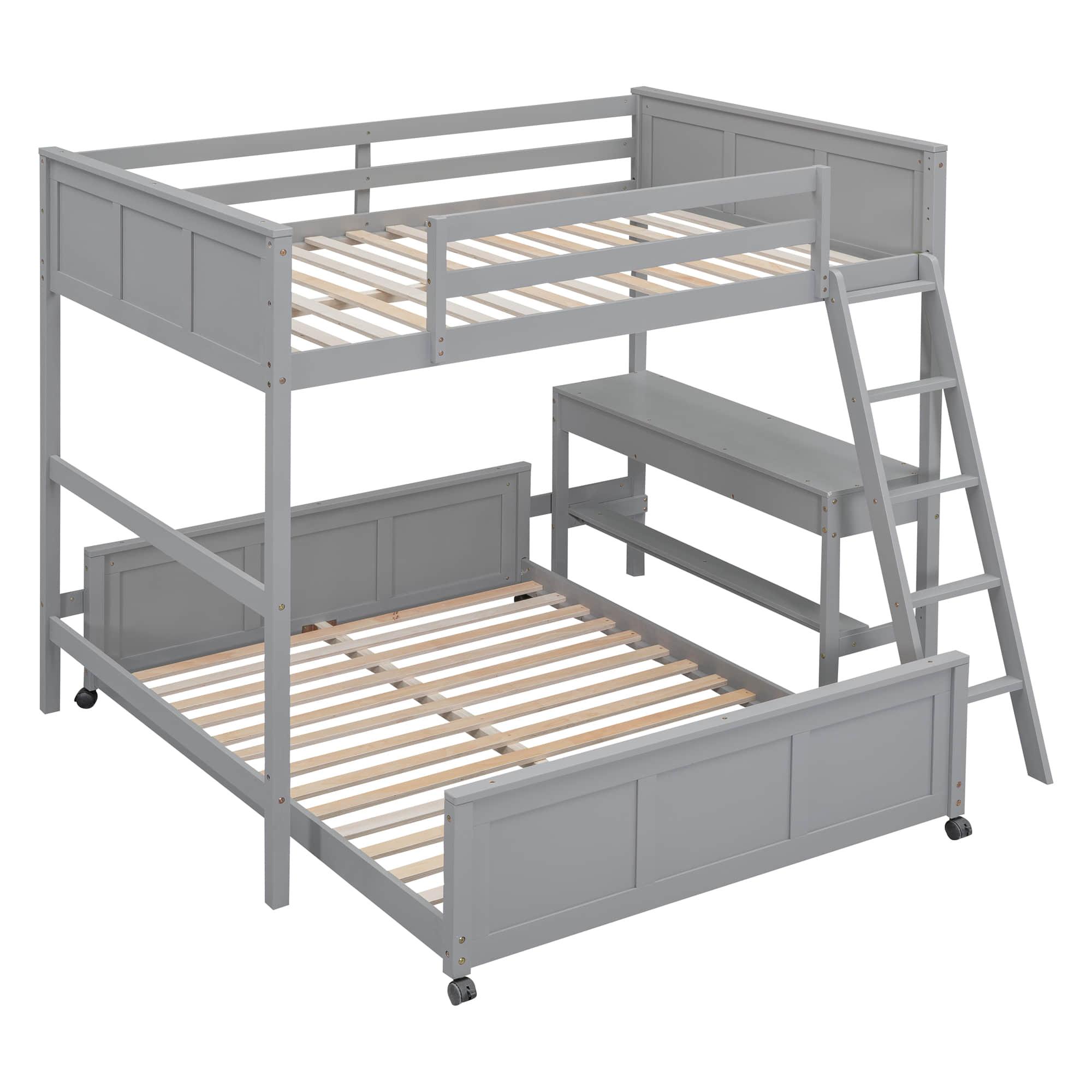 L-Shaped Full Over Full Bunk Beds with Desk and Storage Drawers Wooden