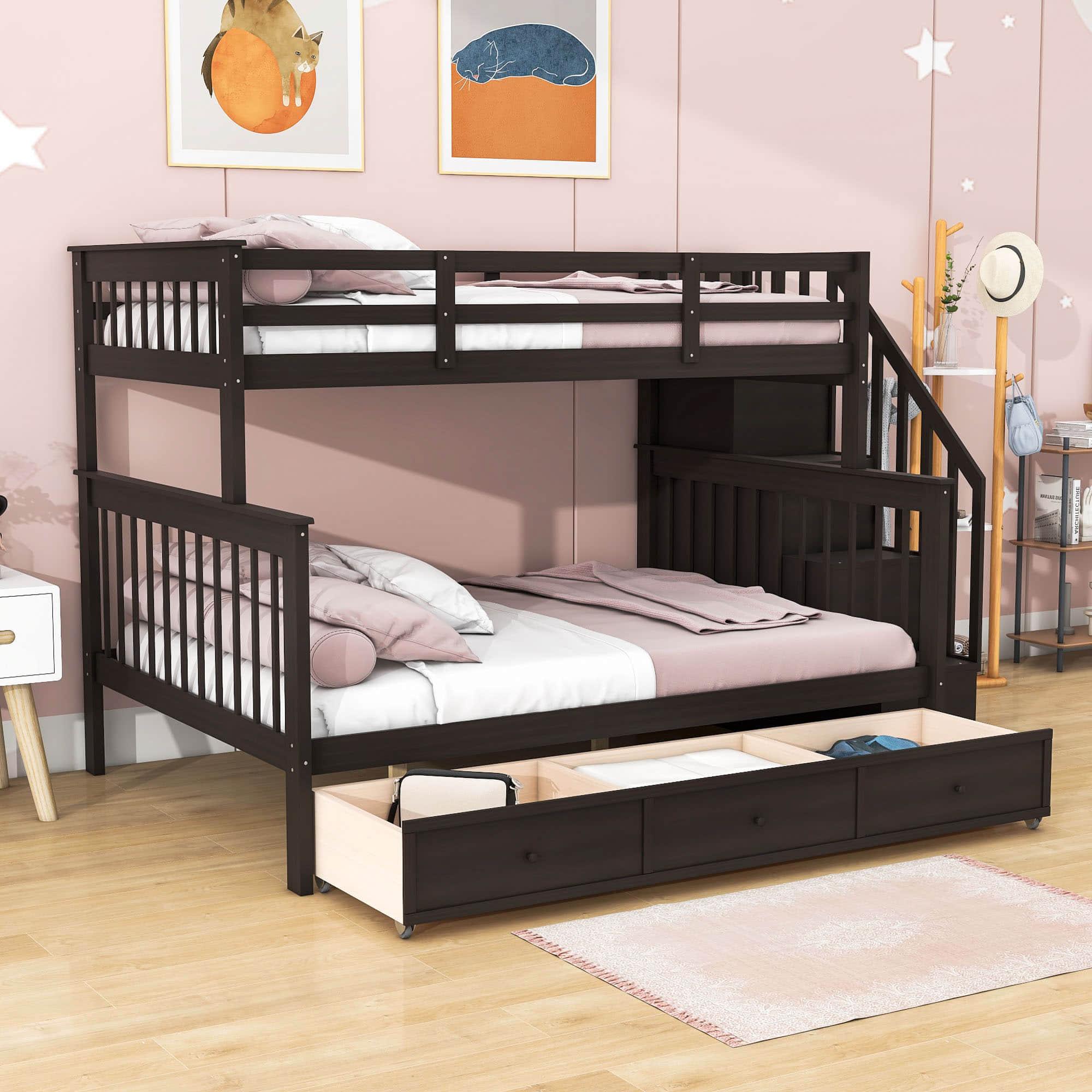 Twin Over Full Bunk Beds with Stairs and Storage Drawers, Shelves - [Convertible]