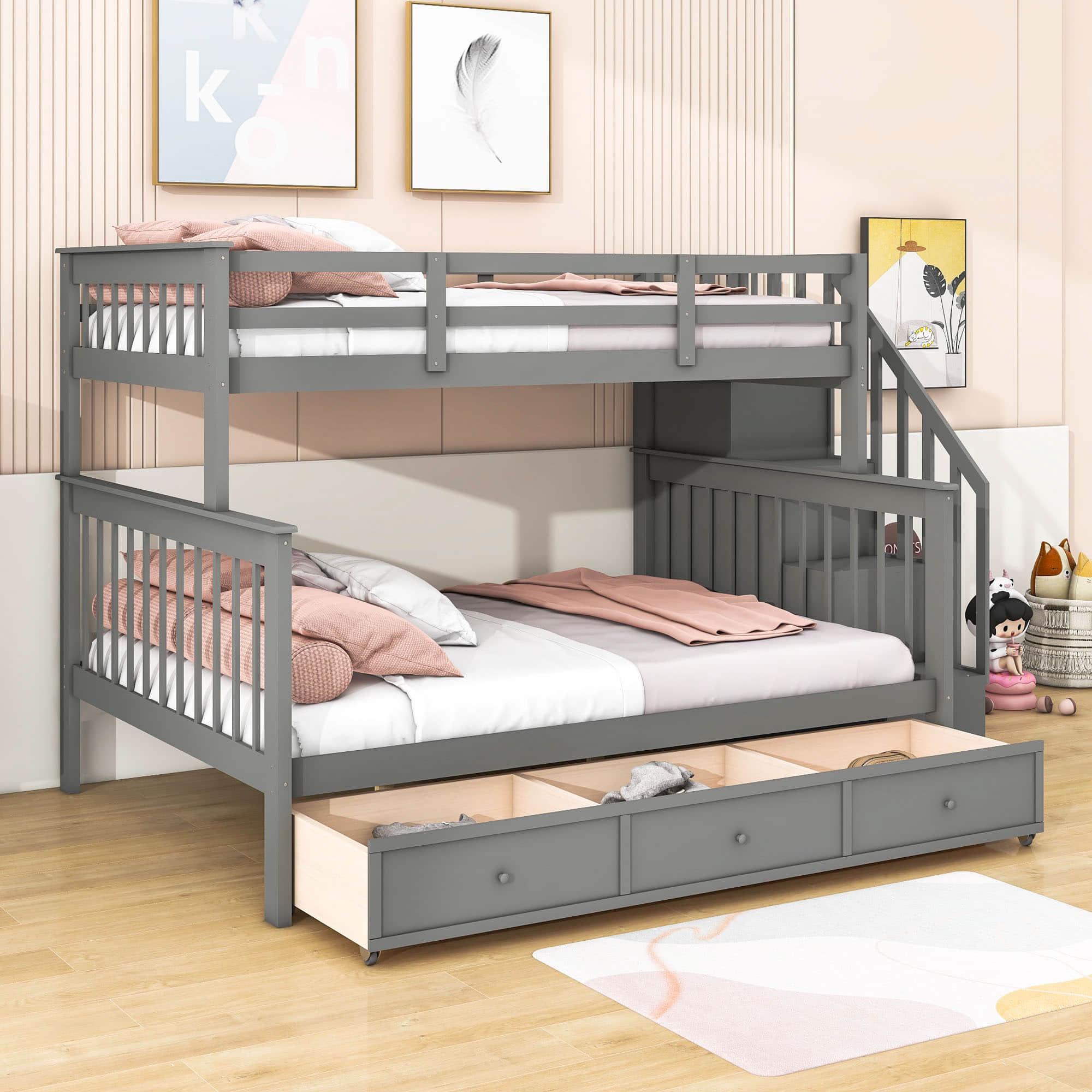 Twin Over Full Bunk Beds with Stairs and Storage Drawers, Shelves - [Convertible]