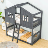 Low Twin Over Twin House Bunk Beds for Kids Toddler - [Wooden, Floor]